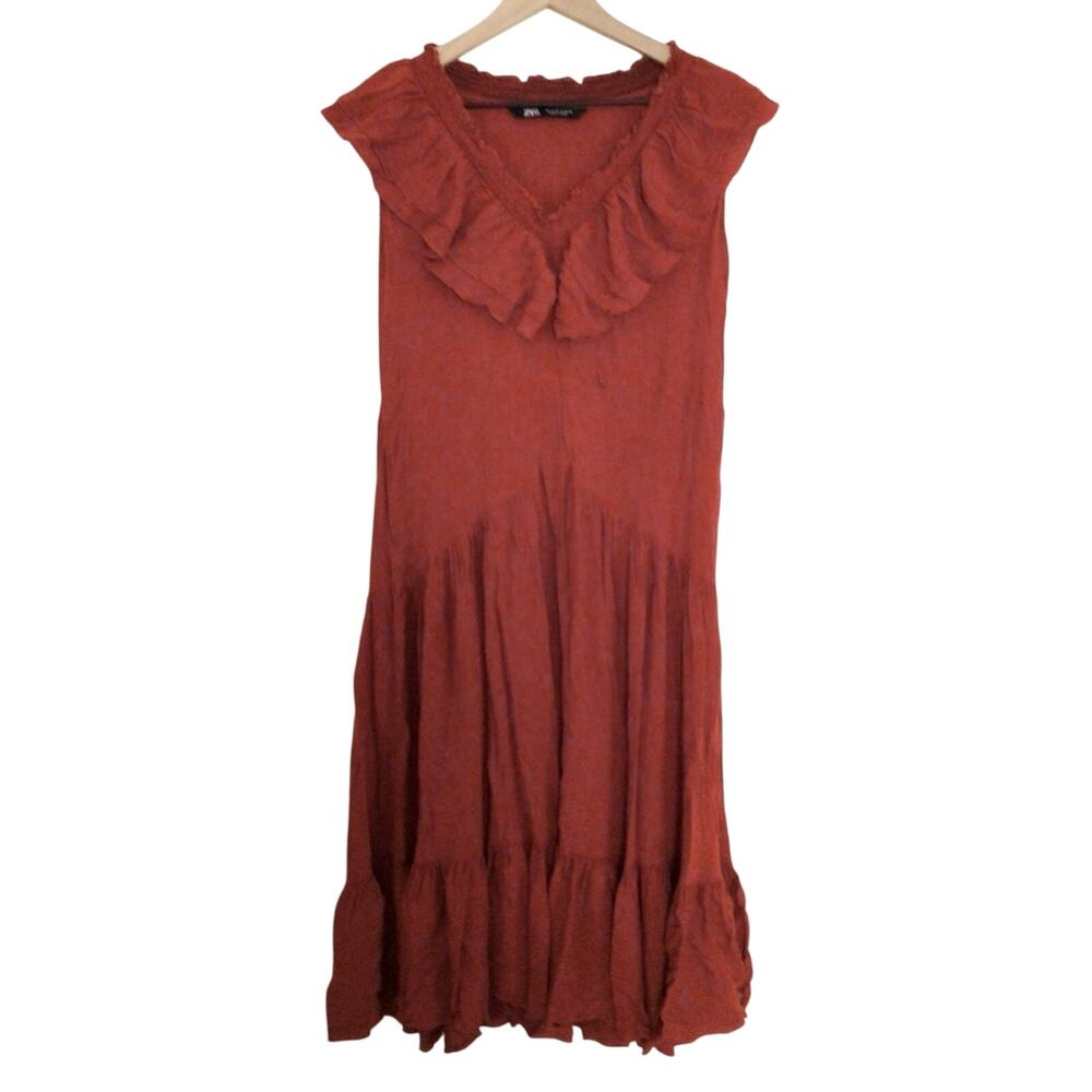 Zara Ruffle Midi V-Neck Terracotta Orange Red Smocked Tiered Flowy Dress Small
